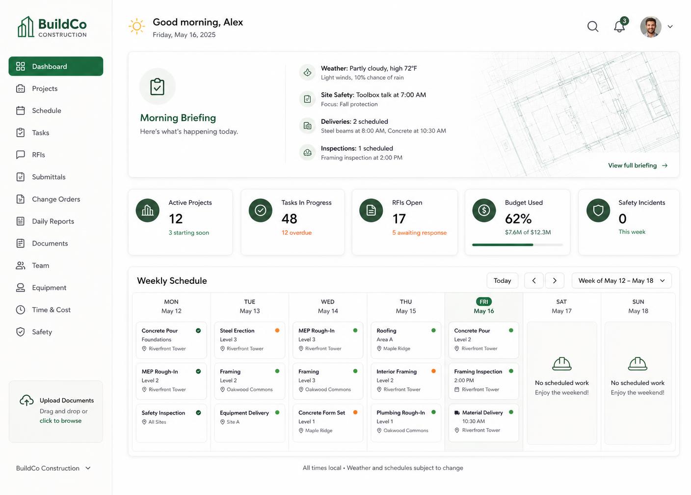 thebuildersOS dashboard showing a morning briefing, summary cards, and a weekly construction schedule